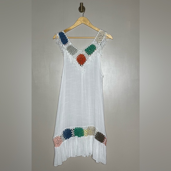Boho Crochet Trim Sheer Swim Cover Up Dress Fringe Granny Square OS - Picture 5 of 9